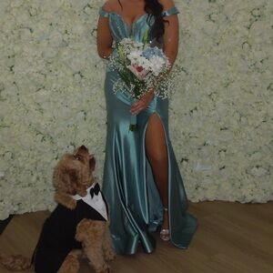 Jovani Teal Off-Shoulder Prom Dress